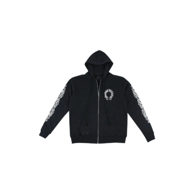 Chrome Hearts Horseshoe Floral Cross-Sleeve Zip Up Hoodie Black White