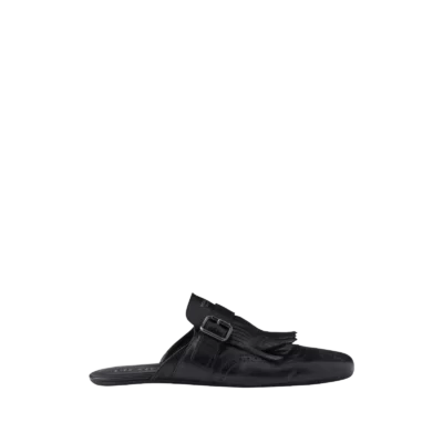 Shuffle Antiqued Leather Mules With Buckled Strap And Fringe